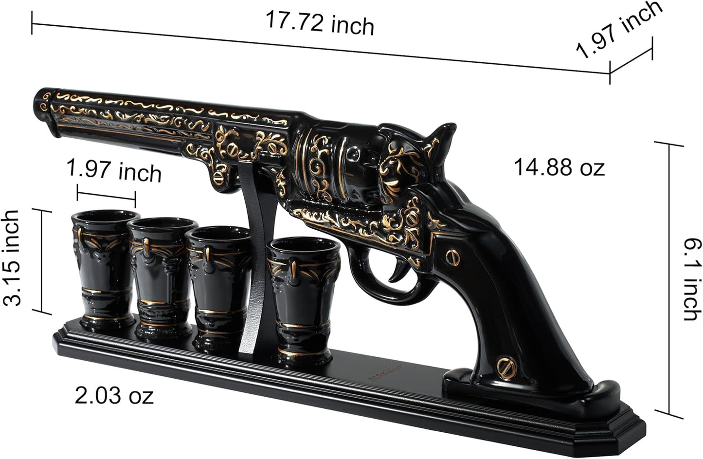 Luxury Black and Gold Pistol Decanter Set & 4 Shot Glasses – Whiskey Decanter for Liquor, Scotch, Bourbon, Vodka – Stylish Barware Gift Set for Men, Brother, Son, Dad, Him, Home Bar for any Occasions-4