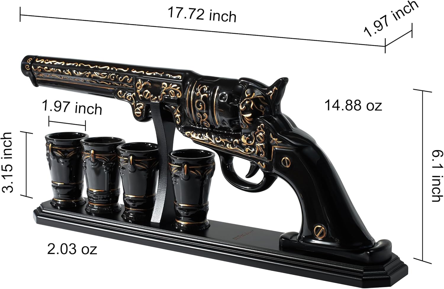Luxury Black and Gold Pistol Decanter Set & 4 Shot Glasses – Whiskey Decanter for Liquor, Scotch, Bourbon, Vodka – Stylish Barware Gift Set for Men, Brother, Son, Dad, Him, Home Bar for any Occasions-4