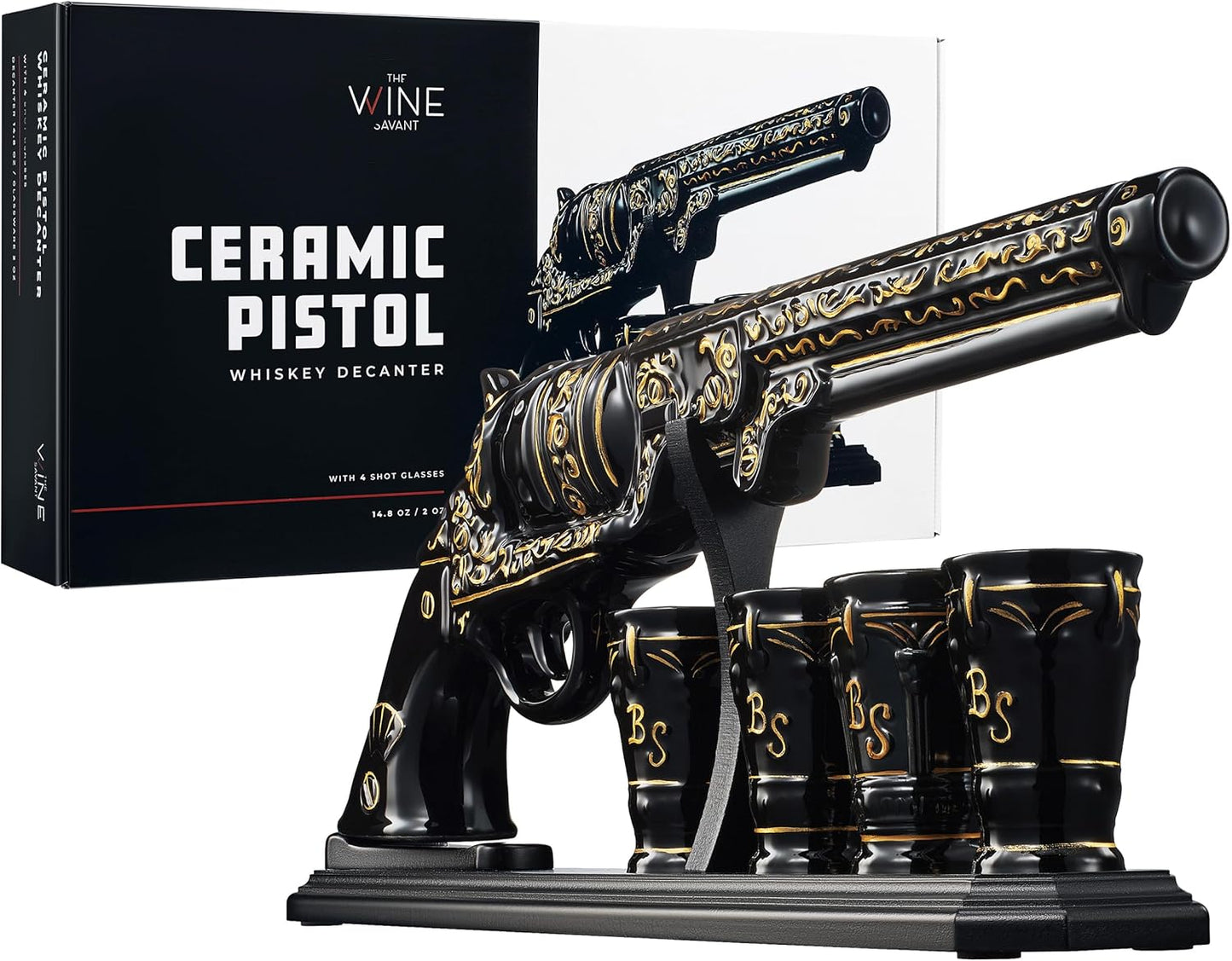 Luxury Black and Gold Pistol Decanter Set & 4 Shot Glasses – Whiskey Decanter for Liquor, Scotch, Bourbon, Vodka – Stylish Barware Gift Set for Men, Brother, Son, Dad, Him, Home Bar for any Occasions-1