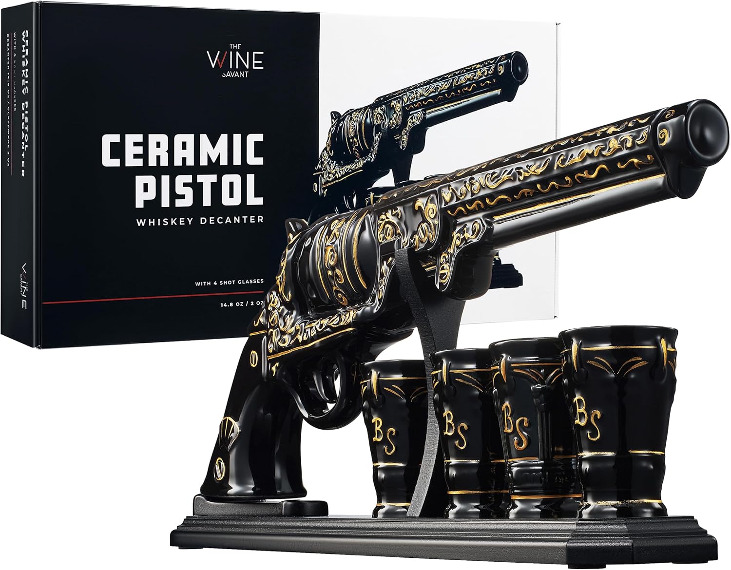 Luxury Black and Gold Pistol Decanter Set & 4 Shot Glasses – Whiskey Decanter for Liquor, Scotch, Bourbon, Vodka – Stylish Barware Gift Set for Men, Brother, Son, Dad, Him, Home Bar for any Occasions-1