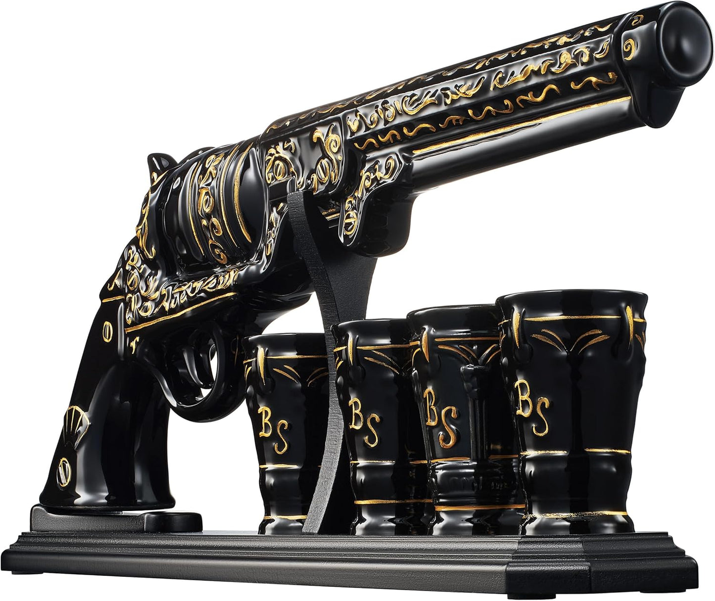 Luxury Black and Gold Pistol Decanter Set & 4 Shot Glasses – Whiskey Decanter for Liquor, Scotch, Bourbon, Vodka – Stylish Barware Gift Set for Men, Brother, Son, Dad, Him, Home Bar for any Occasions-3