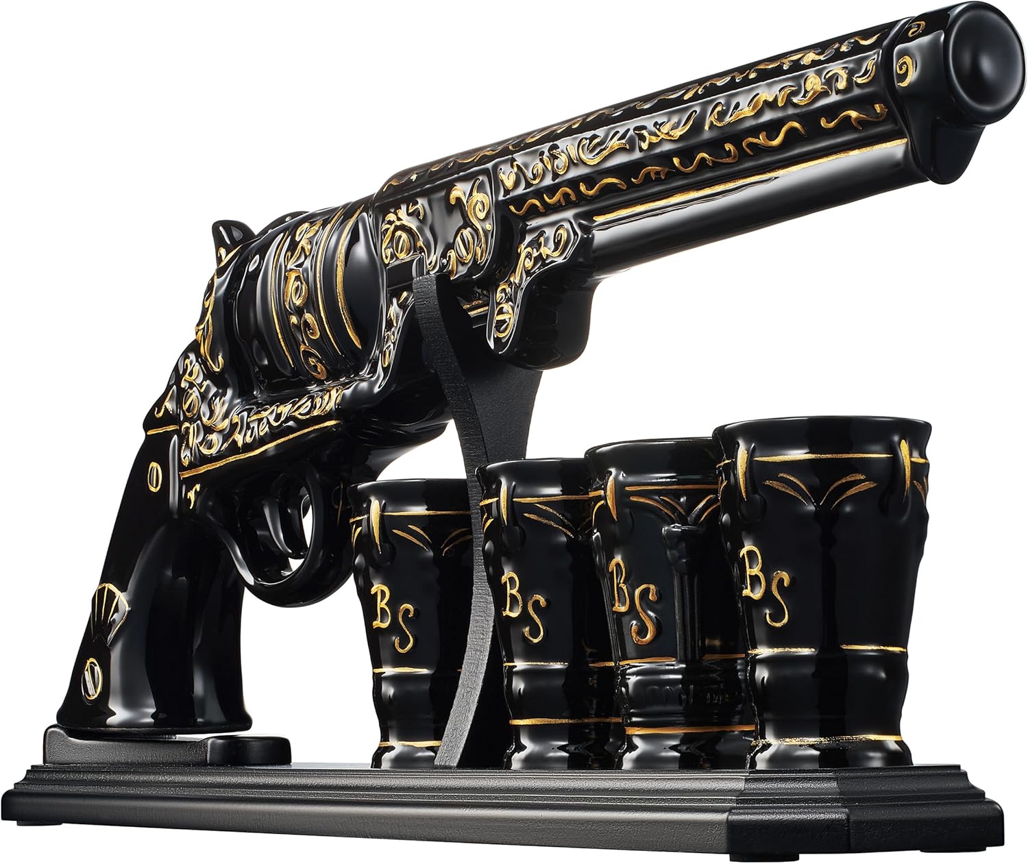 Luxury Black and Gold Pistol Decanter Set & 4 Shot Glasses – Whiskey Decanter for Liquor, Scotch, Bourbon, Vodka – Stylish Barware Gift Set for Men, Brother, Son, Dad, Him, Home Bar for any Occasions-3