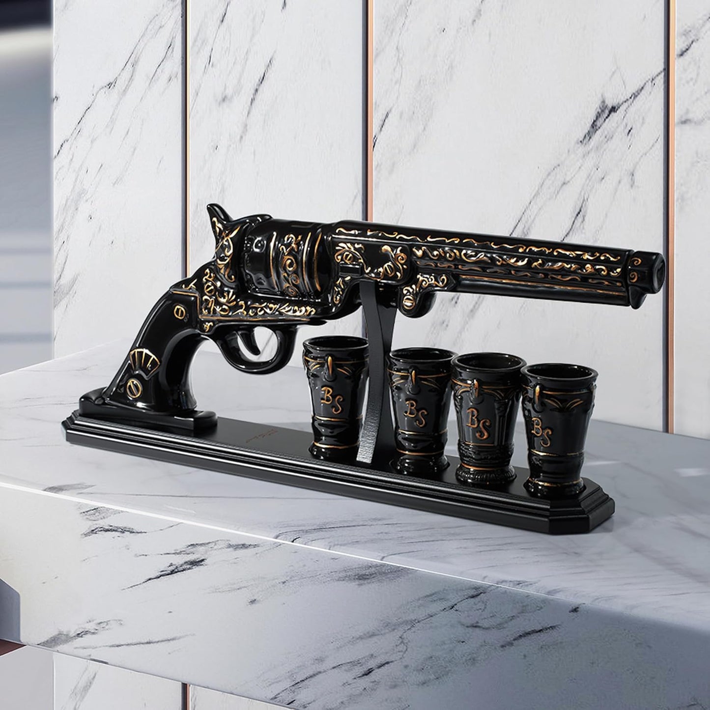 Luxury Black and Gold Pistol Decanter Set & 4 Shot Glasses – Whiskey Decanter for Liquor, Scotch, Bourbon, Vodka – Stylish Barware Gift Set for Men, Brother, Son, Dad, Him, Home Bar for any Occasions-2