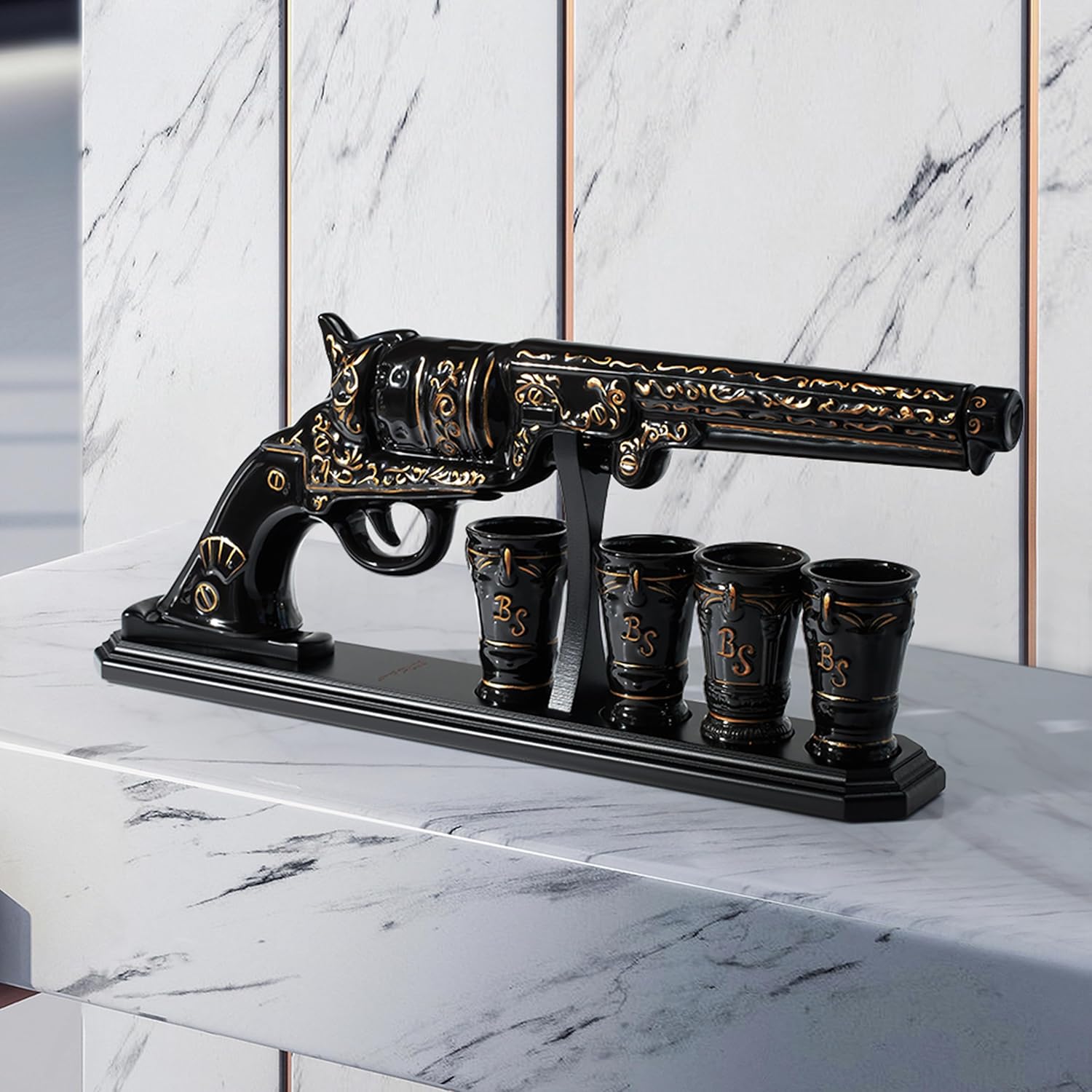 Luxury Black and Gold Pistol Decanter Set & 4 Shot Glasses – Whiskey Decanter for Liquor, Scotch, Bourbon, Vodka – Stylish Barware Gift Set for Men, Brother, Son, Dad, Him, Home Bar for any Occasions-2