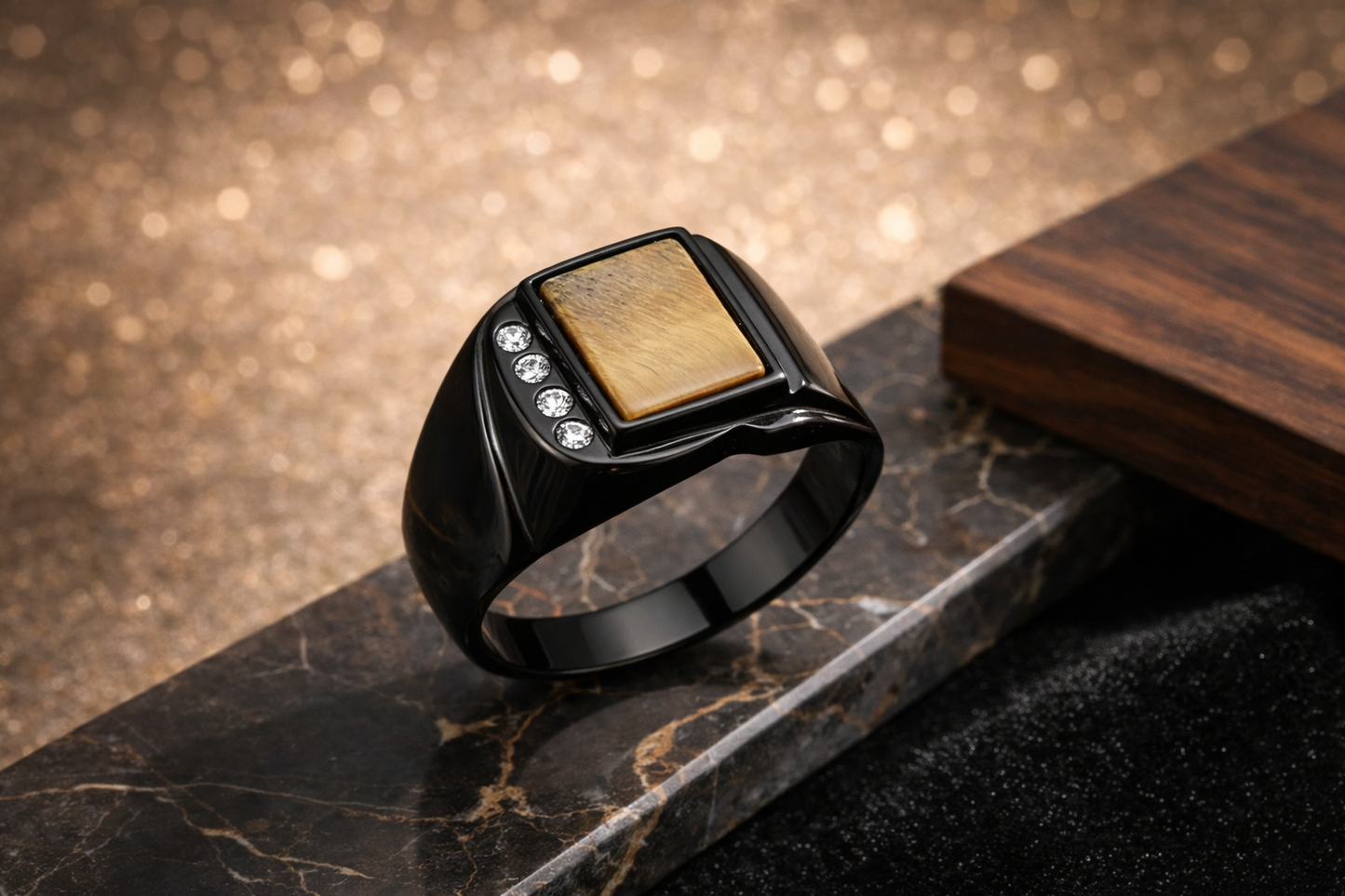 TK3756 IP Black Stainless Steel Ring with Synthetic in Topaz
